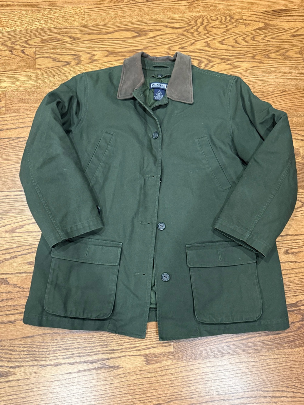 Vintage Lands' End Green Canvas Barn Coat Women's L Suede Collar Quilted Liner